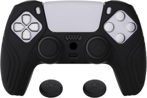 eXtremeRate PlayVital Samurai Edition Black Anti-Slip Controller Silicone Skin for ps5, Ergonomic Soft Rubber Protective Case for ps5 Controller with Black Thumb Stick Caps