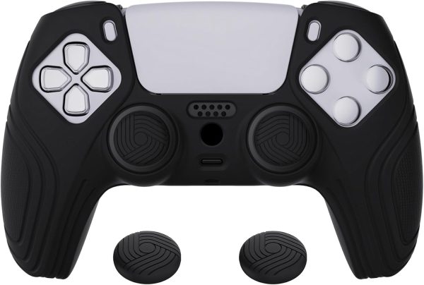 eXtremeRate PlayVital Samurai Edition Black Anti-Slip Controller Silicone Skin for ps5, Ergonomic Soft Rubber Protective Case for ps5 Controller with Black Thumb Stick Caps
