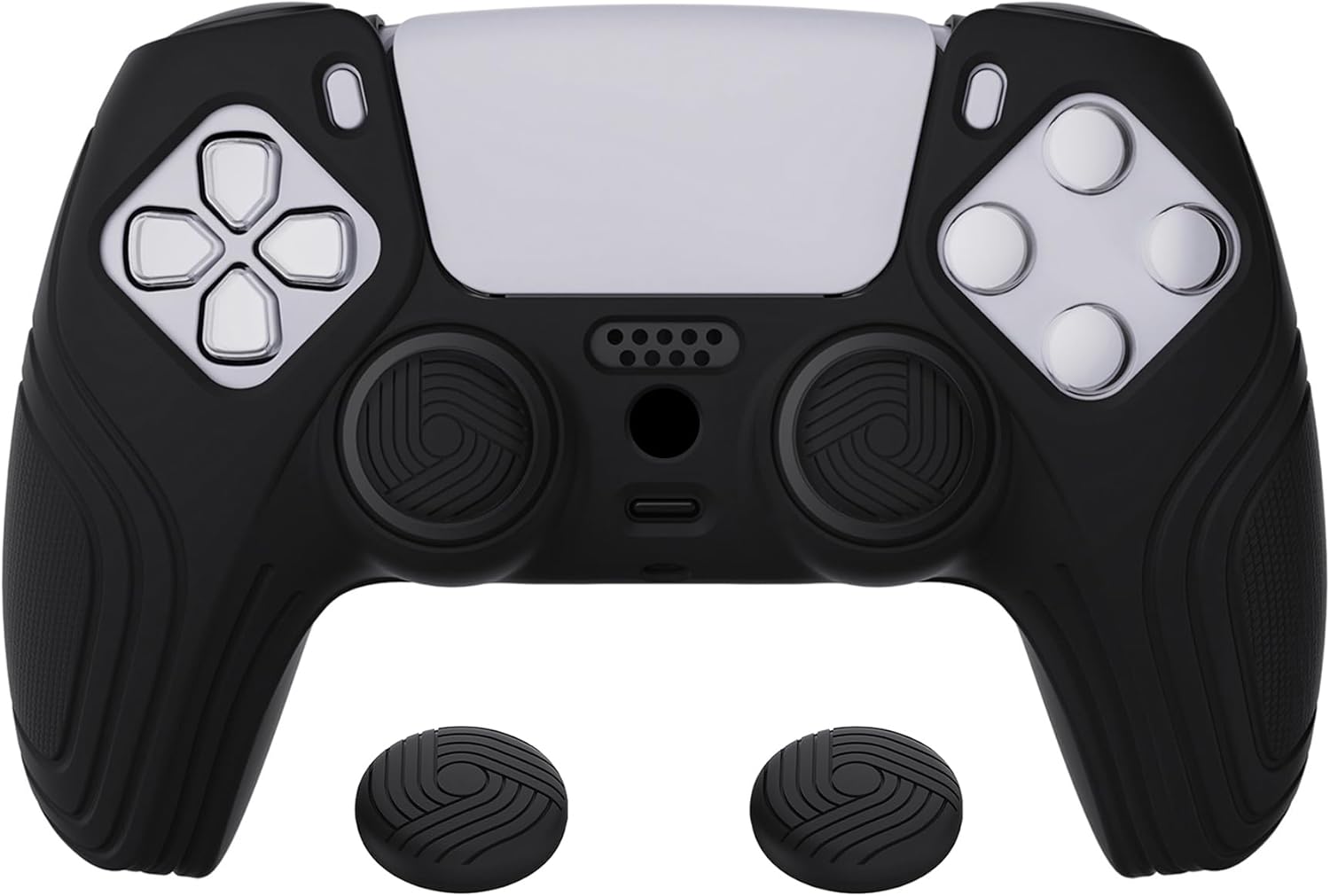 eXtremeRate PlayVital Samurai Edition Black Anti-Slip Controller Silicone Skin for ps5, Ergonomic Soft Rubber Protective Case for ps5 Controller with Black Thumb Stick Caps