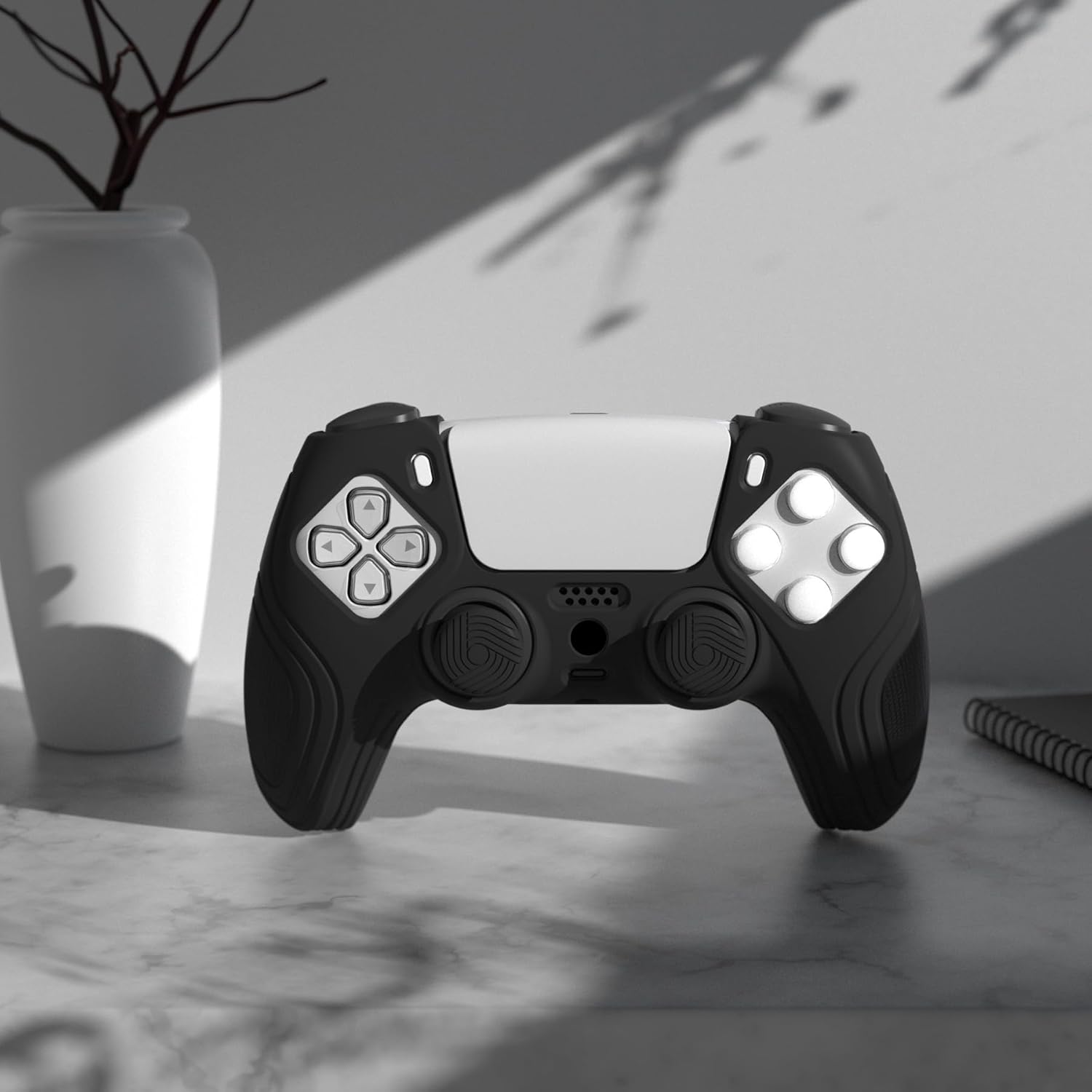 eXtremeRate PlayVital Samurai Edition Black Anti-Slip Controller Silicone Skin for ps5, Ergonomic Soft Rubber Protective Case for ps5 Controller with Black Thumb Stick Caps - Image 3