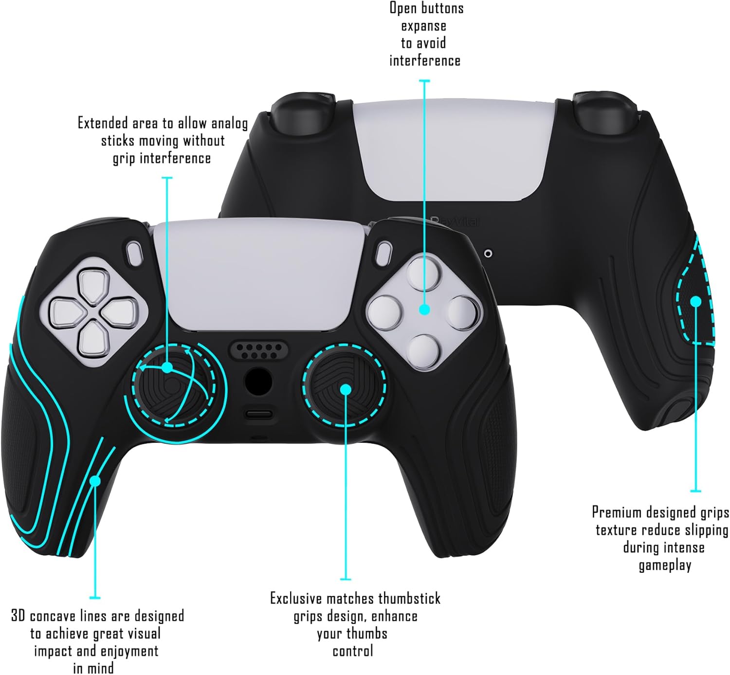 eXtremeRate PlayVital Samurai Edition Black Anti-Slip Controller Silicone Skin for ps5, Ergonomic Soft Rubber Protective Case for ps5 Controller with Black Thumb Stick Caps - Image 4