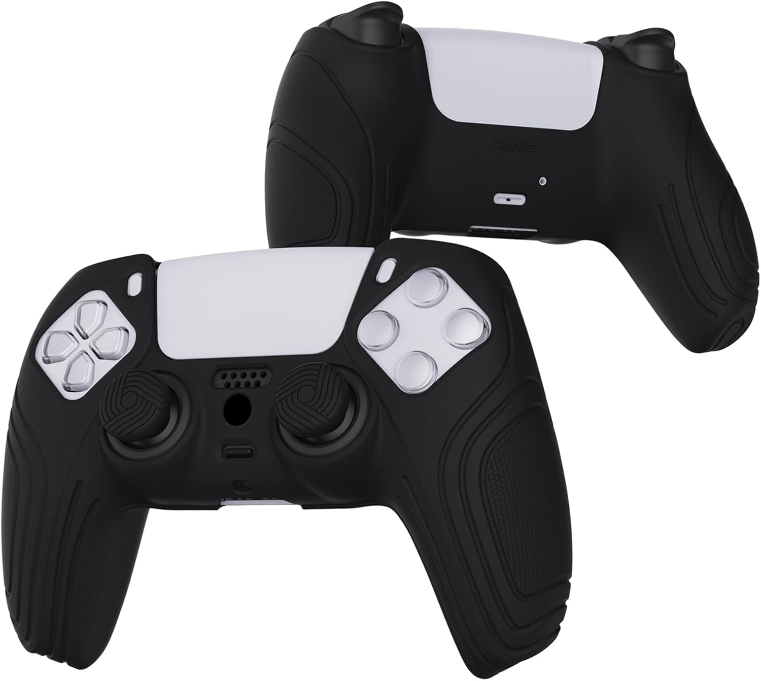 eXtremeRate PlayVital Samurai Edition Black Anti-Slip Controller Silicone Skin for ps5, Ergonomic Soft Rubber Protective Case for ps5 Controller with Black Thumb Stick Caps - Image 6