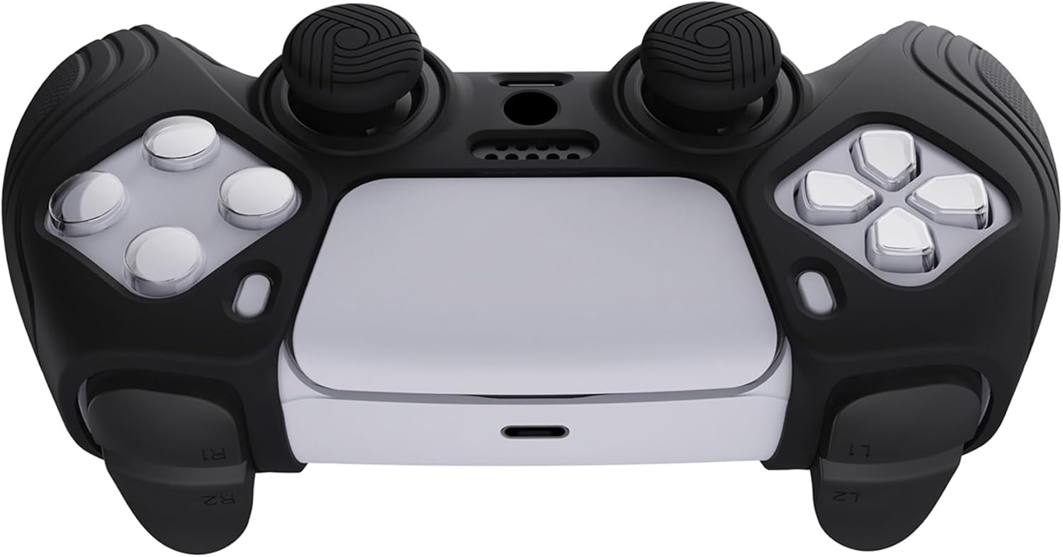 eXtremeRate PlayVital Samurai Edition Black Anti-Slip Controller Silicone Skin for ps5, Ergonomic Soft Rubber Protective Case for ps5 Controller with Black Thumb Stick Caps - Image 7