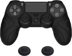 PlayVital Guardian Edition Black Ergonomic Soft Anti-Slip Controller Silicone Case Cover for ps4, Rubber Protector Skin with Joystick Caps for ps4 Slim for ps4 Pro Controller