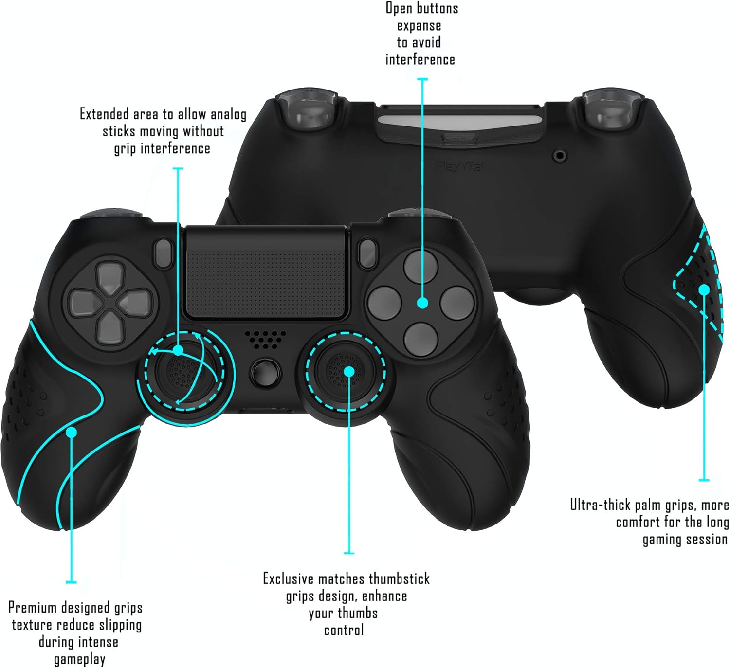 PlayVital Guardian Edition Black Ergonomic Soft Anti-Slip Controller Silicone Case Cover for ps4, Rubber Protector Skin with Joystick Caps for ps4 Slim for ps4 Pro Controller - Image 3
