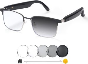 Smart Bluetooth Glasses for Women Men with Speaker Physical Color-Change Anti-Blue Light Polarized Built-in Microphone for Android iOS (Silver Frame)