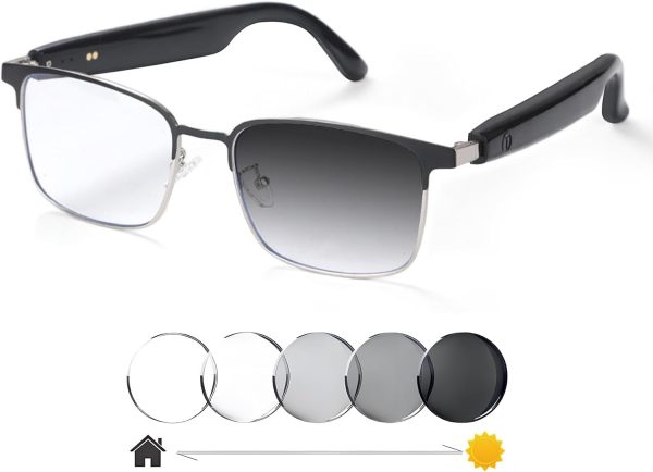 Smart Bluetooth Glasses for Women Men with Speaker Physical Color-Change Anti-Blue Light Polarized Built-in Microphone for Android iOS (Silver Frame)