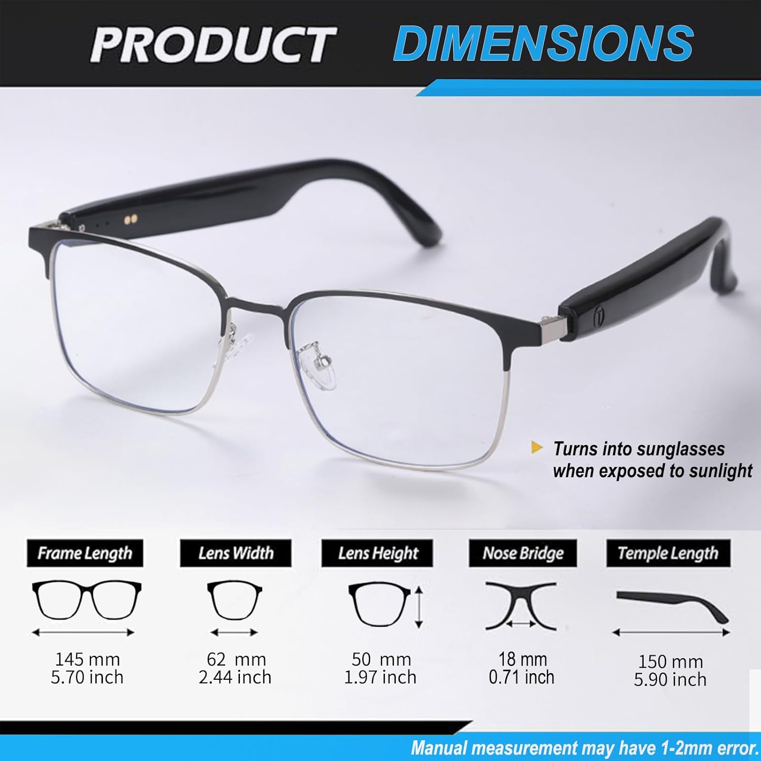 Smart Bluetooth Glasses for Women Men with Speaker Physical Color-Change Anti-Blue Light Polarized Built-in Microphone for Android iOS (Silver Frame) - Image 2