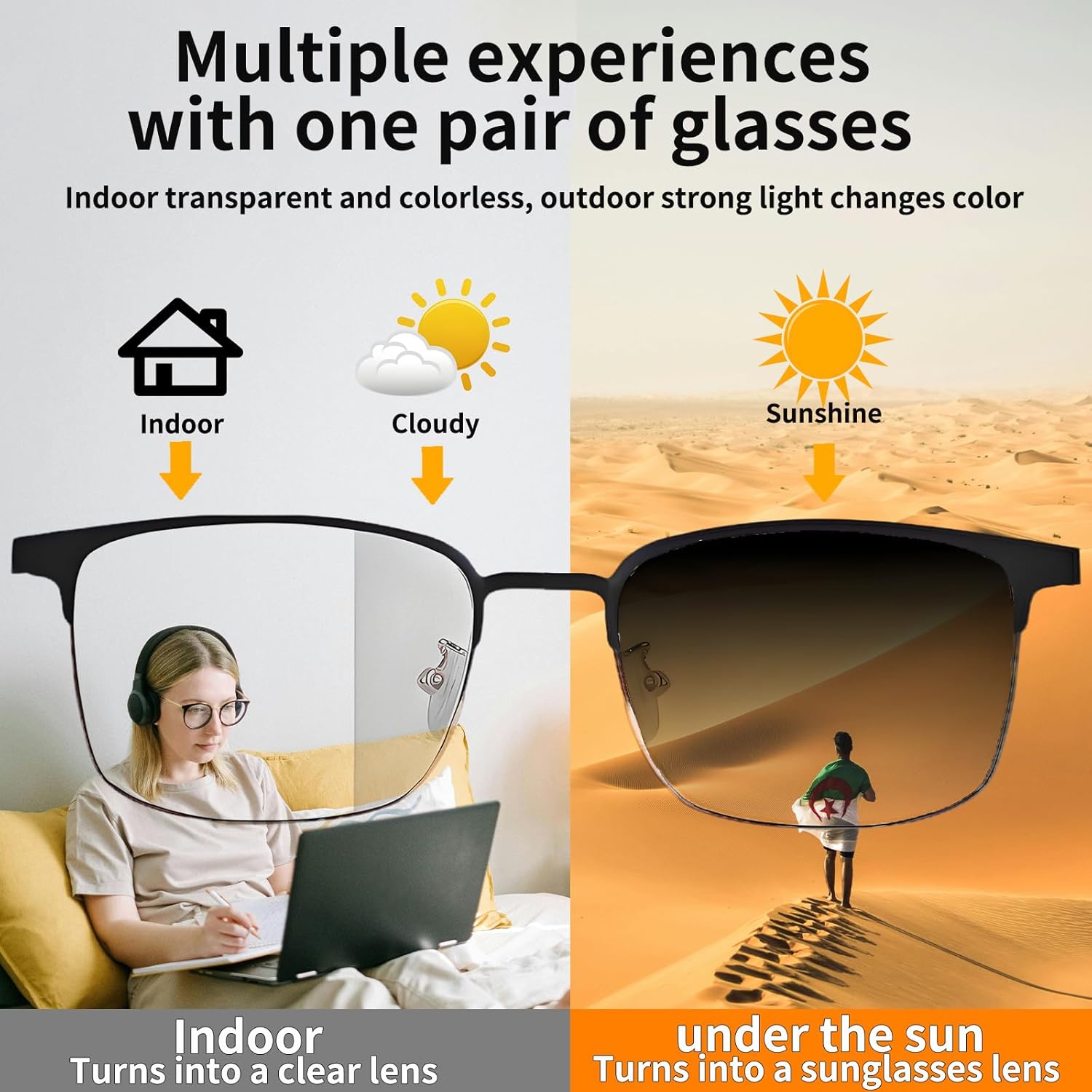 Smart Bluetooth Glasses for Women Men with Speaker Physical Color-Change Anti-Blue Light Polarized Built-in Microphone for Android iOS (Silver Frame) - Image 3